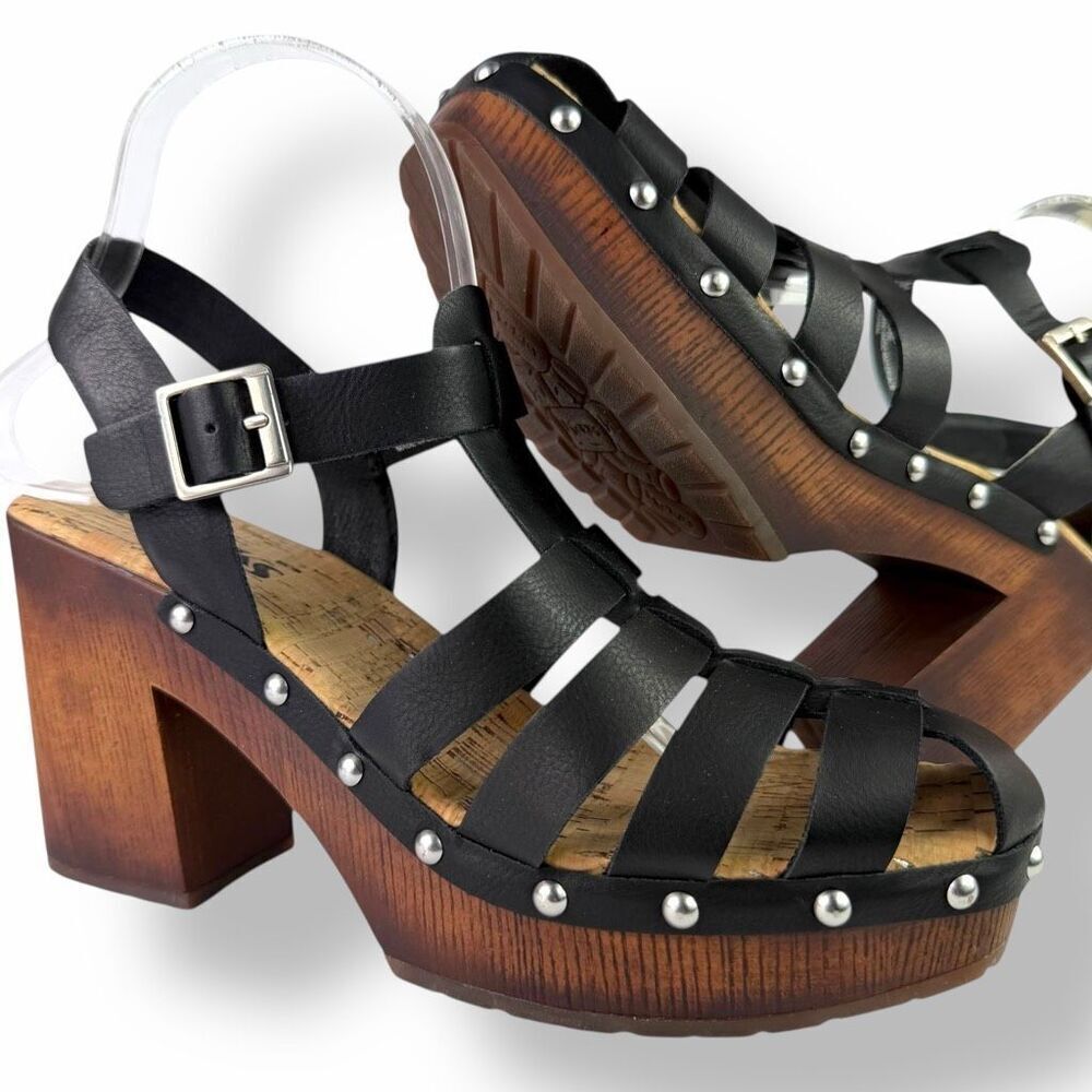 Korks Whitney Studded Platform Fisherman Sandal Black Leather Wooden High Heel 8